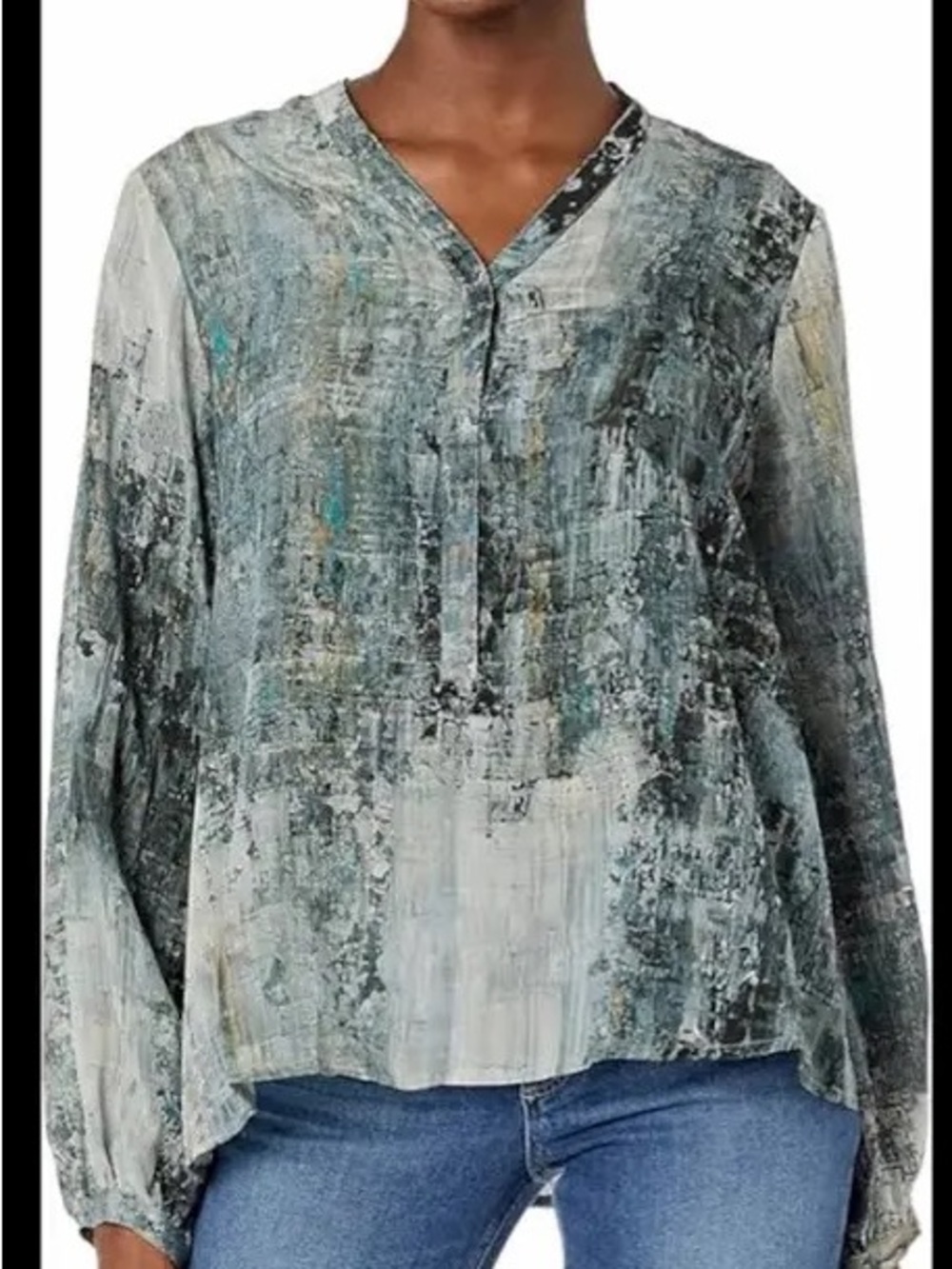 Johnny Was Silk Pete & Greta Multicolor Abstract V-Neck Long Sleeve Blouse